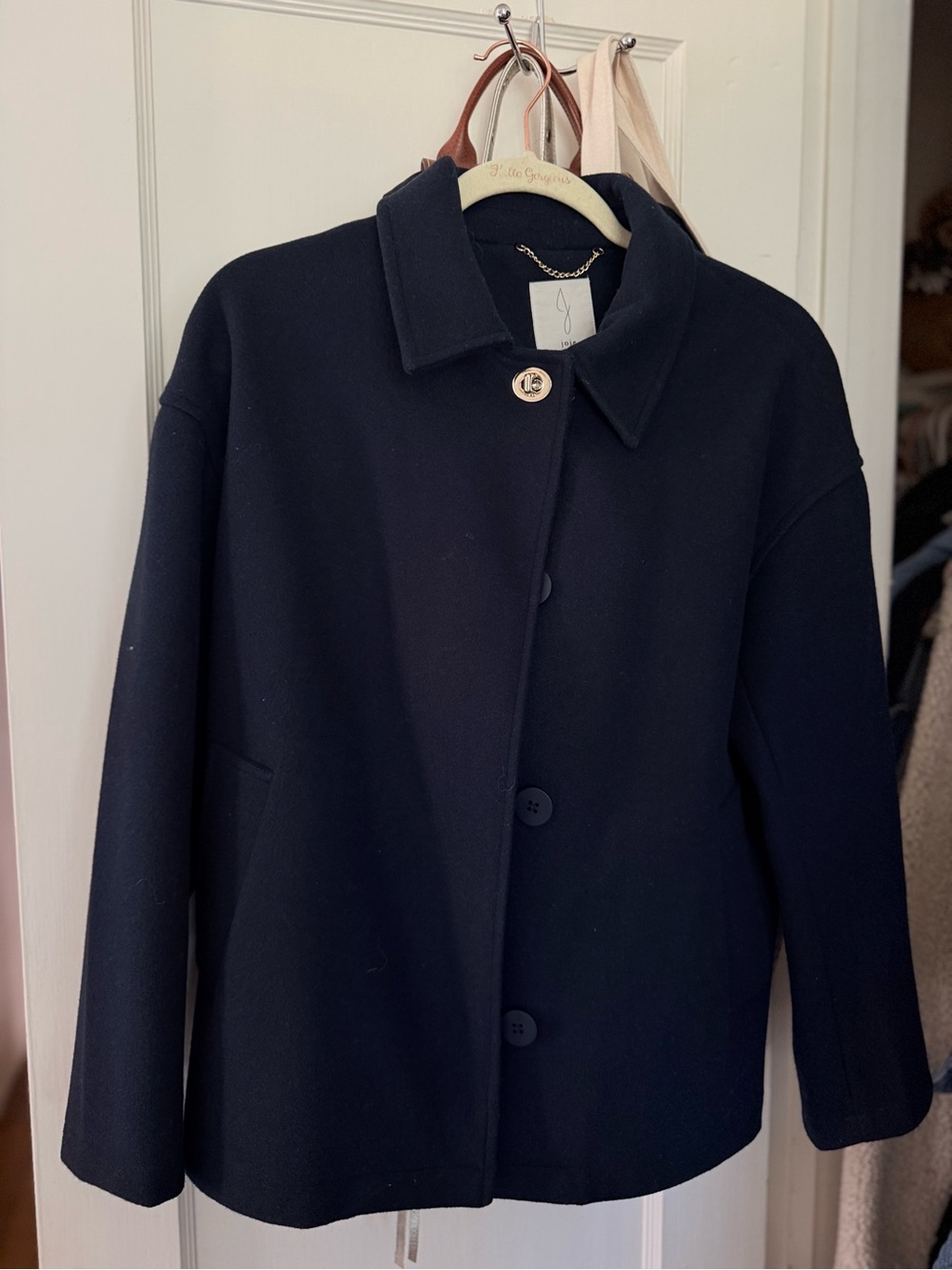 Joie Navy Blue Single-Breasted Coat Gold Hardware Detail